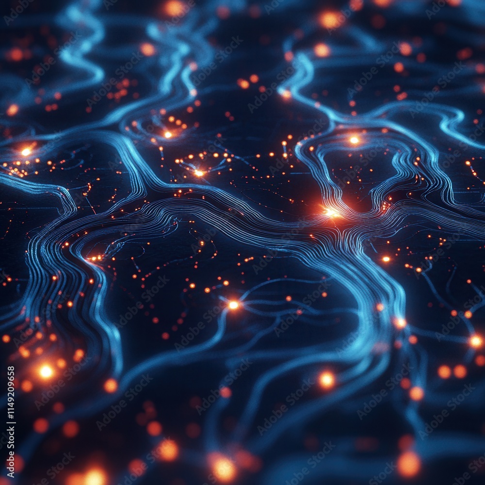 Poster abstract network data flow glowing blue lines and orange nodes in dark background - digital technolo