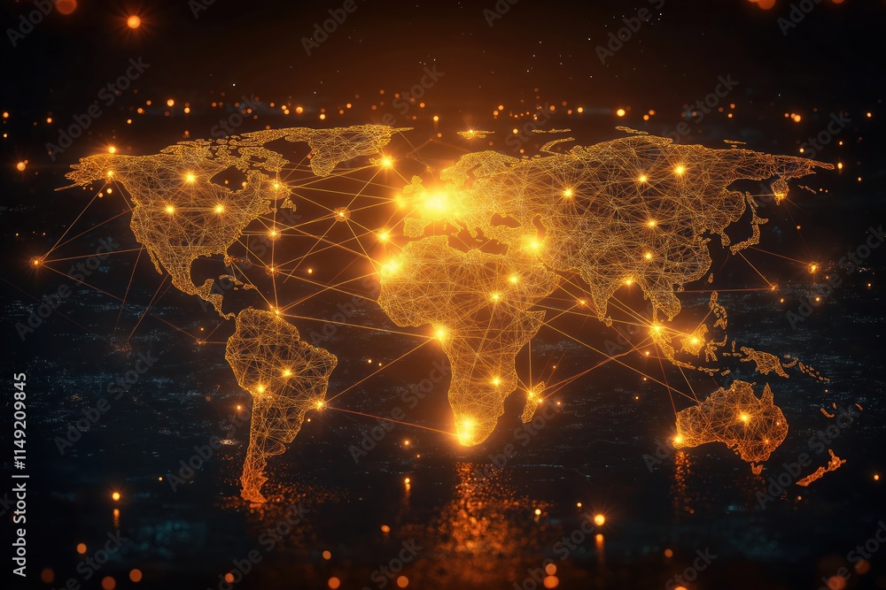 Poster global network map visualization shows glowing connections between continents. digital world map hig