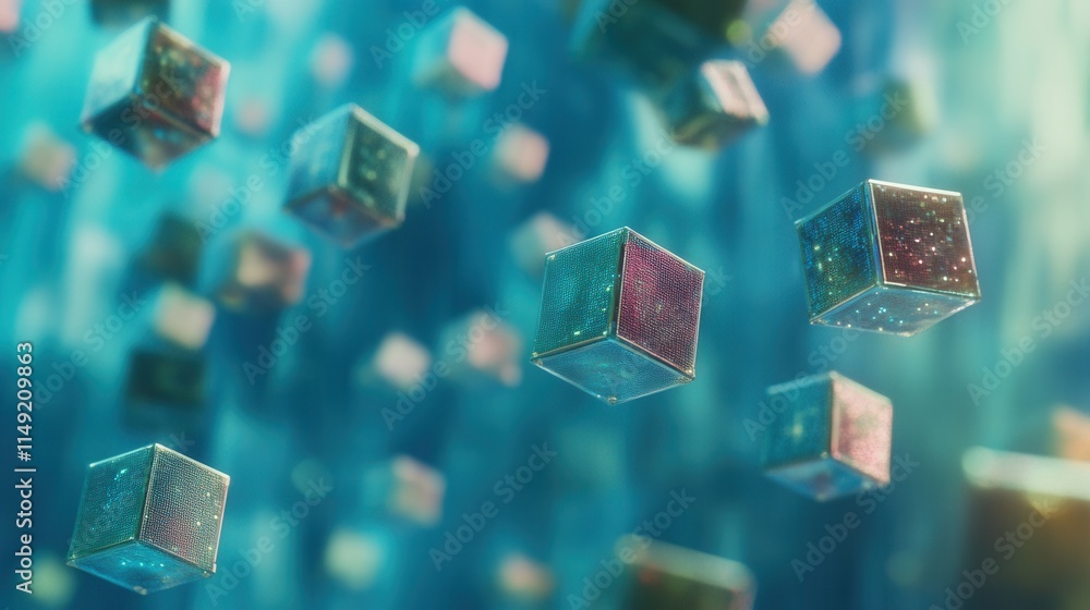 Poster abstract 3d render of glowing cubes falling in teal space - futuristic technology and data concept