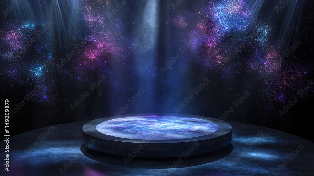 Poster ethereal cosmic stage illuminated circular platform with nebula background, 3d render