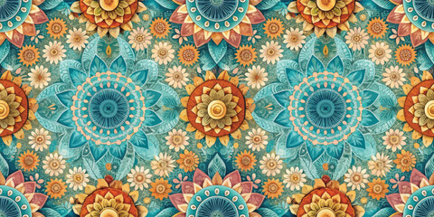 Vibrant floral pattern featuring intricate blue, orange, and yellow mandala designs, evoking a sense of calm and creativity.
