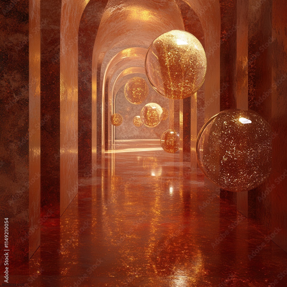 Poster luxurious golden spheres floating in a reflective amber archway corridor - abstract 3d rendering.
