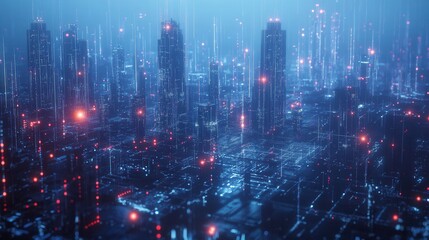 Fototapeta premium Futuristic Cityscape Digital Data Streams and Glowing Skyscrapers at Night - Abstract 3D Rendering