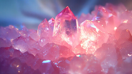 A close up image of a pink crystal. Pink crystal glare light stones colored large background. A large background of colored crystals. The photo is of a lifestyle pink crystal.