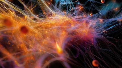 Abstract Cosmic Nebula Vibrant Orange, Blue, and Purple Energy Filaments with Glowing Particles - High-Resolution Background Image
