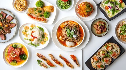 A minimalist display of global cuisine, focusing on artistic plating and bold food textures on a bright white surface 