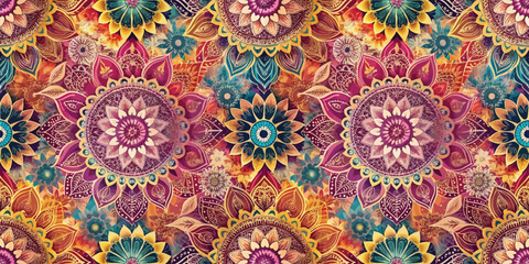 Colorful mandala pattern featuring intricate floral designs in vibrant hues.