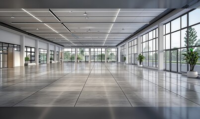 Obraz premium A large, empty room with a lot of windows and a few potted plants