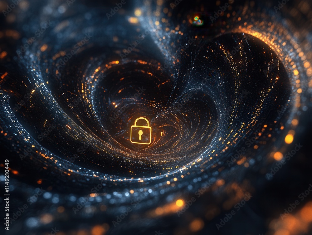Poster abstract data vortex with glowing padlock cybersecurity and digital security concept