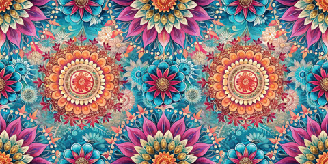 A vibrant floral design featuring multicolored blossoms and intricate patterns on a teal background.