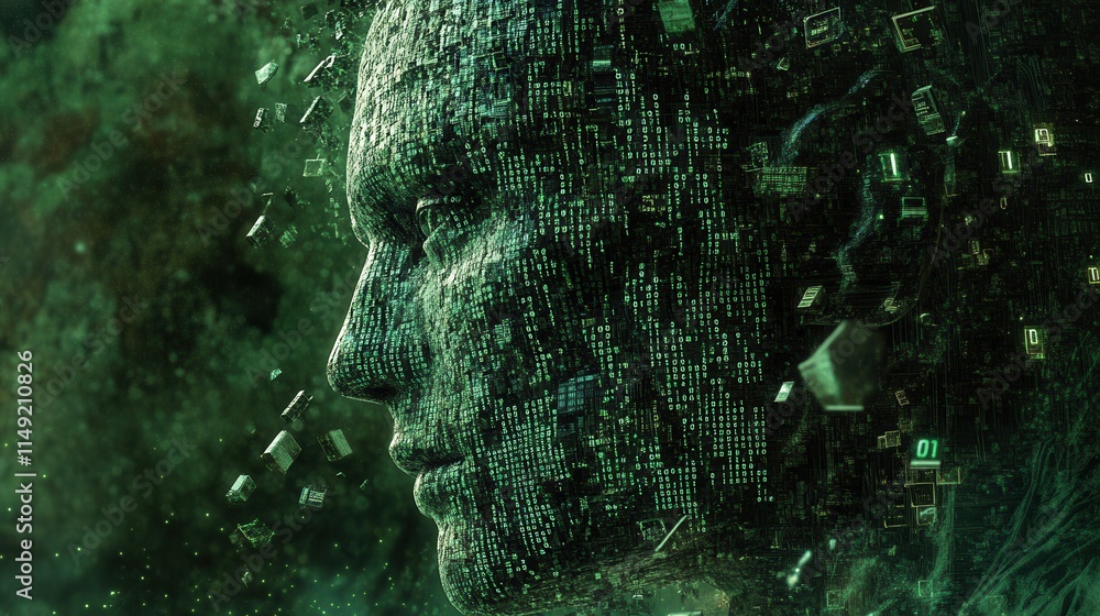 Poster digital human face composed of binary code and circuitry - ai, artificial intelligence, technology c