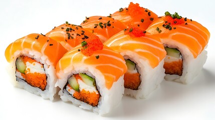 A pristine display of sushi textures, emphasizing bold designs and fresh ingredients on a white backdrop 