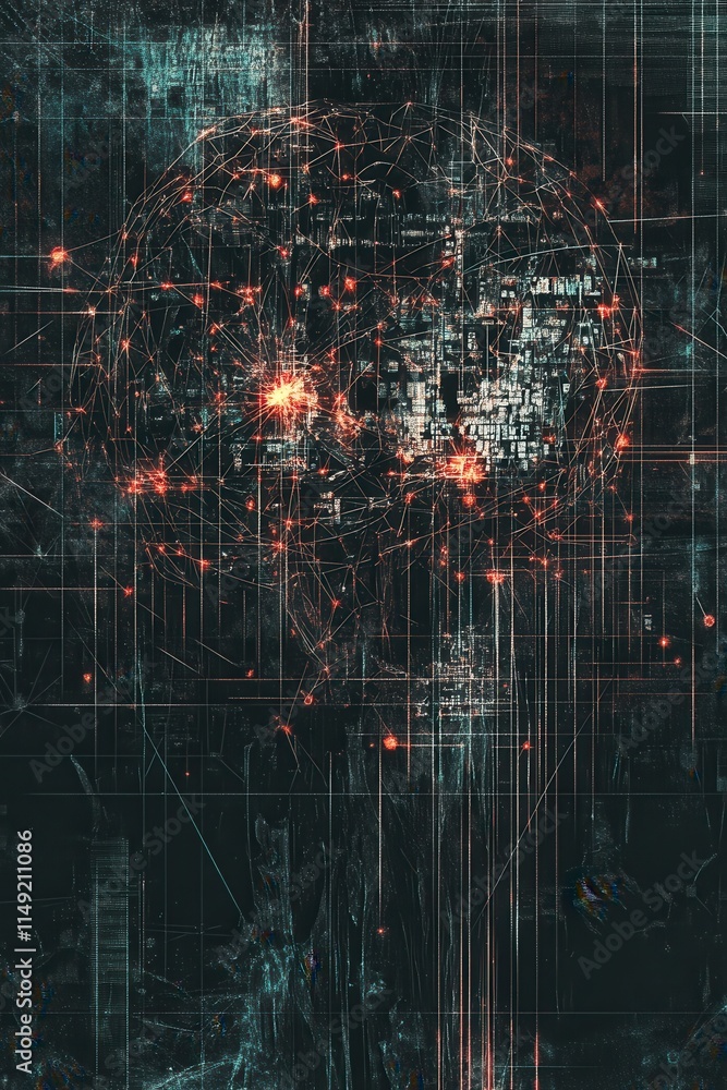 Poster abstract brain neural network glowing connections and digital glitch art texture