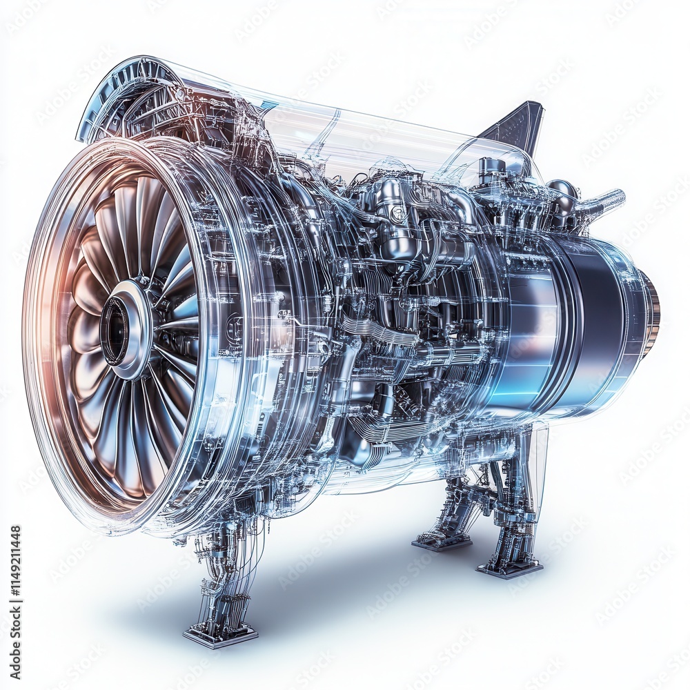 Poster detailed 3d render of a jet engine with transparent cutaway, showing internal mechanisms and compone