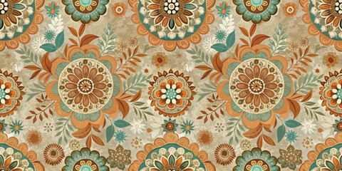 Vibrant floral pattern featuring intricate designs in earthy tones.