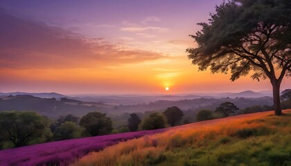 Obraz premium Serene Sunset Over Lavender Fields and Rolling Hills