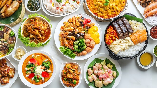 A vibrant and clean showcase of modern global cuisine, arranged elegantly with fine details on white 