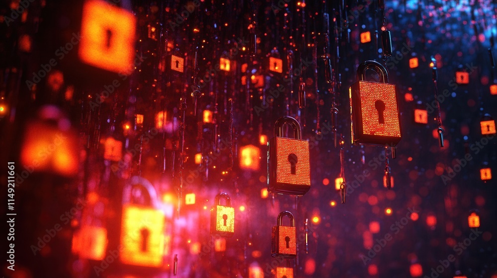 Poster abstract digital security red glowing padlocks falling in dark background - cyber security concept