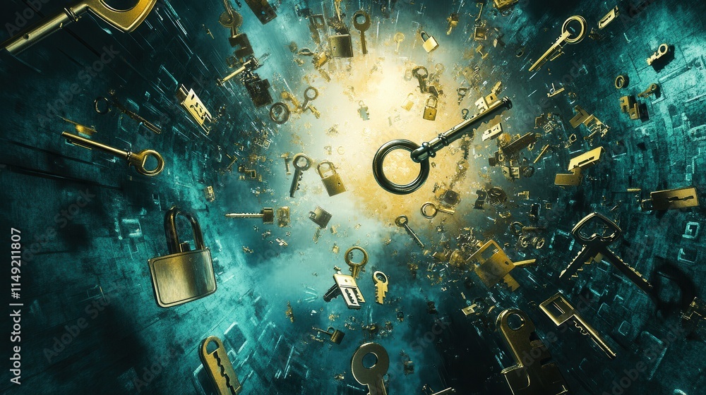 Poster surreal abstract image of golden keys and locks exploding in a teal vortex - digital art, security, 