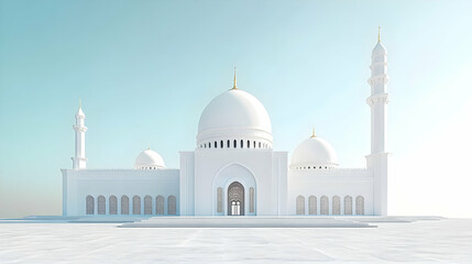 Naklejka premium A majestic white mosque with domes and minarets against a serene sky.