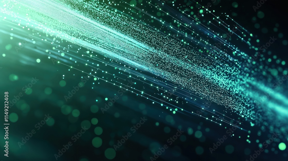 Poster abstract graphic design shows dynamic data flow. green, blue light particles, lines move in diagonal