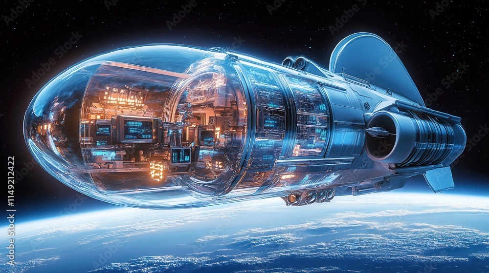 Poster futuristic transparent spaceship orbiting earth - high-detail 3d render of advanced spacecraft techn