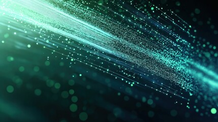 Abstract graphic design shows dynamic data flow. Green, blue light particles, lines move in diagonal direction across dark background. Image represents futuristic tech, info processing. Could