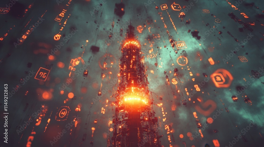 Poster futuristic cyberpunk cityscape glowing tower with falling digital data streams - abstract digital ar
