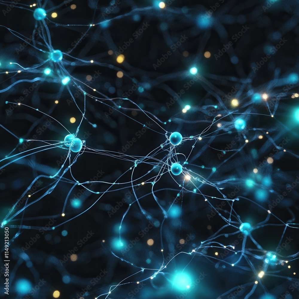 Poster abstract neural network glowing nodes and connections, intricate web of light, high-resolution digit