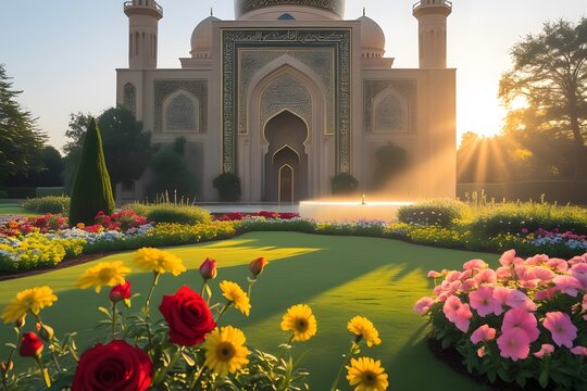 The exterior of this magnificent Middle Eastern-style mosque is in the middle of a shady garden with colorful flowers, a soft atmosphere of soft light.