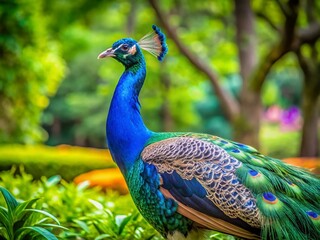Obraz premium Majestic Peacock in Vibrant Park Setting - Candid Wildlife Photography