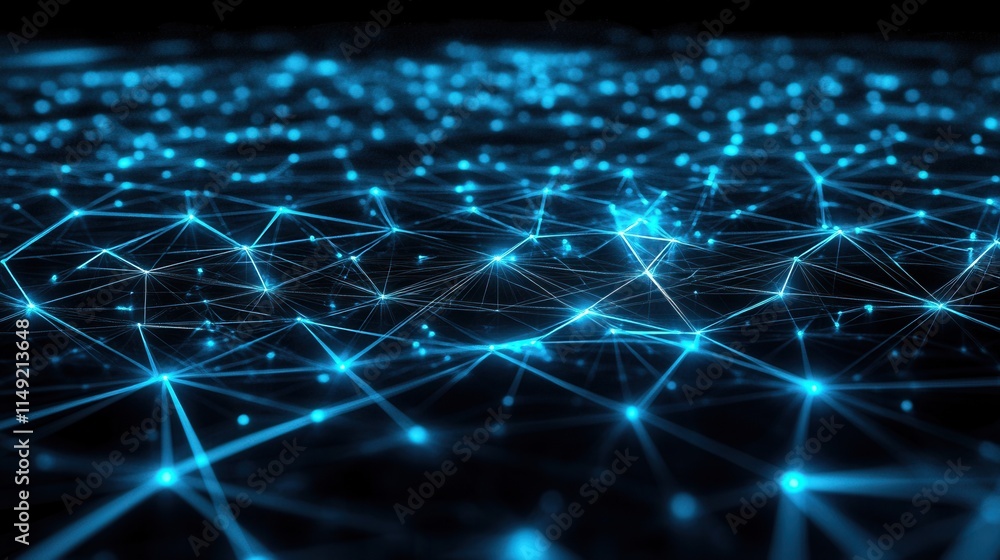 Poster abstract blue network connection glowing nodes and lines, digital technology background