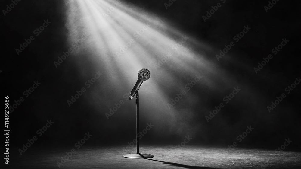 Poster spotlight on a microphone in an empty stage setting at nighttime.