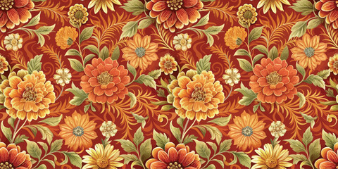 Vibrant floral pattern featuring warm tones of orange and red, perfect for home decor.