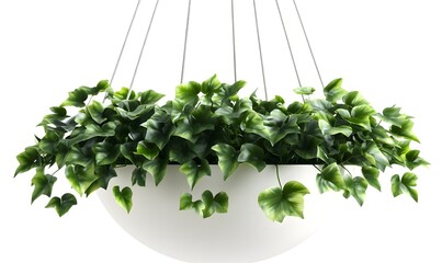 Lush green ivy overflowing from a white hanging planter against a white background.