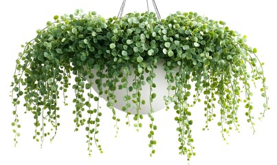 Fototapeta premium Hanging artificial plant in a white pot with cascading greenery.