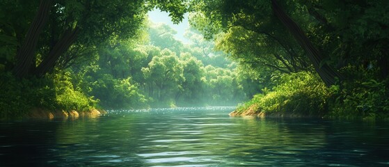 Fototapeta premium Serene River Flowing Through Lush Green Forest Tranquil Nature Scene with Sunlight Dappled Water