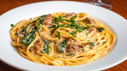 Creamy pasta dish featuring spaghetti, spinach, and savory meatballs, garnished with fresh herbs, served in a white bowl.
