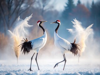 Obraz premium Majestic Red-Crowned Cranes in Winter Dance at Hokkaido Sanctuary - Long Exposure Photography