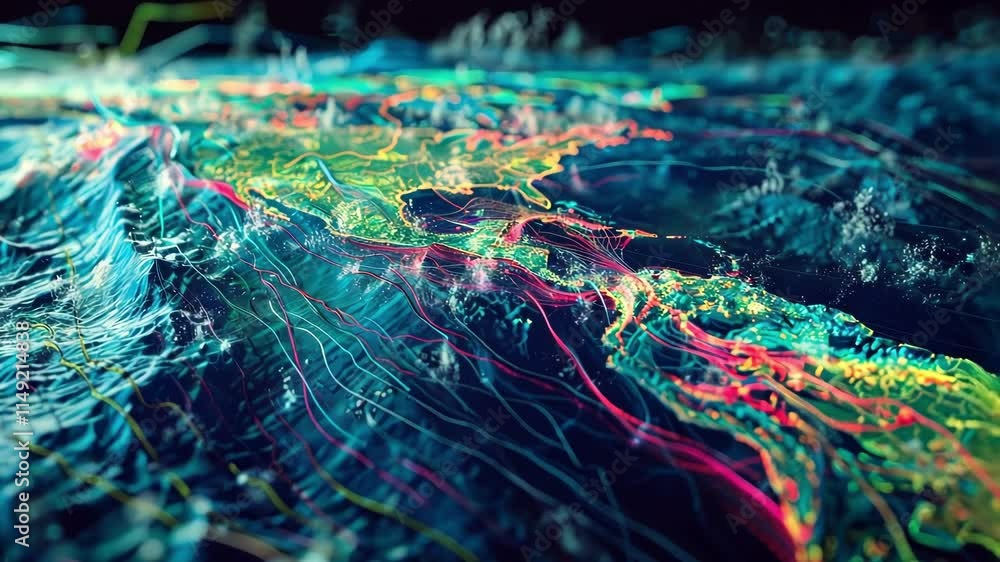 Poster colorful lines representing data flow over a 3d map of central america, visualizing the concept of b