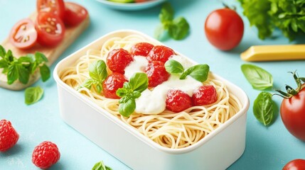 A vibrant dish of spaghetti topped with fresh raspberries, basil, and creamy sauce, surrounded by cherry tomatoes and herbs, on a colorful backdrop.