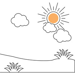 Continuous line art drawing vector illustration  Sun and clouds in white background
