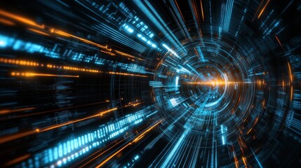 Fototapeta premium Experience the surge of energy and innovation in this abstract visualization of digital data in motion, showcasing vibrant blues and fiery oranges in a mesmerizing, futuristic tunnel.