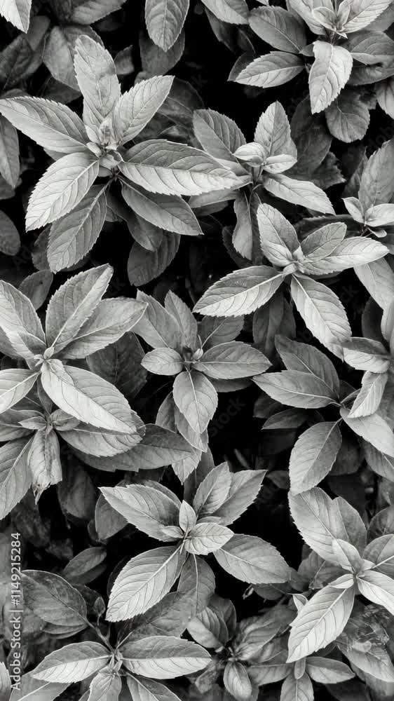Poster close-up view of lush green leaves in monochrome with intricate textures and patterns during dayligh