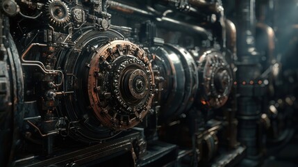 Fototapeta premium Steampunk Machinery: Intricate Gears and Pipes in Dark Ambiance