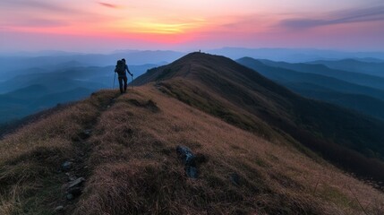 Fototapeta premium Solitary Hiker on Mountain Ridge at Sunrise Epic Panoramic View of Colorful Sky and Distant Mountains.
