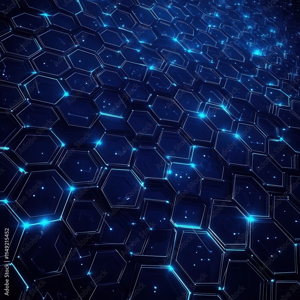 Poster abstract blue hexagon network futuristic technology background with glowing lines and 3d structure