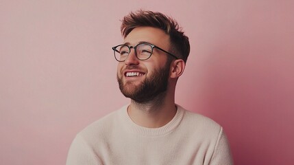 Fototapeta premium Young Man with Beard and Glasses Smiling Against Pink Background