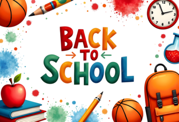 Colorful "Back to School" graphic with school supplies.