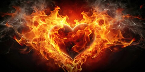 A burning heart surrounded by flames, with a fierce and intense energy emanating from it , passion, fire,  passion